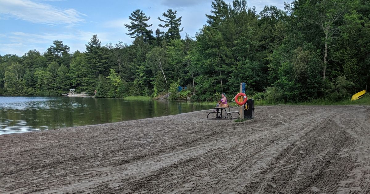 woman sitting on beach with dogs | Six Mile Lake Provincial Park: Video Review