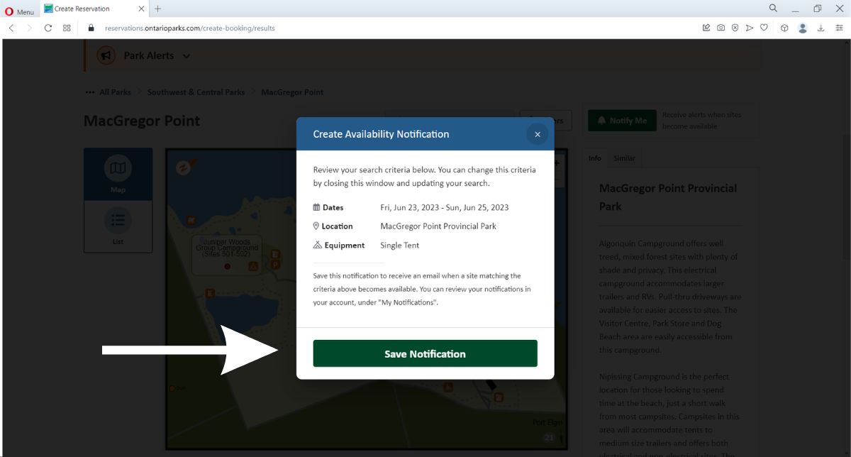 ontario parks create availability notification screenshot | Beginner's Guide to Using Ontario Parks Availability Notifications