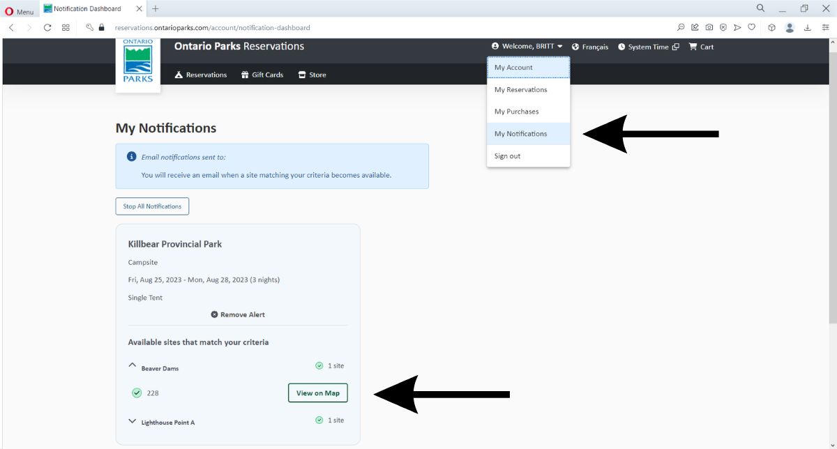 ontario parks my notifications screenshot | Beginner's Guide to Using Ontario Parks Availability Notifications