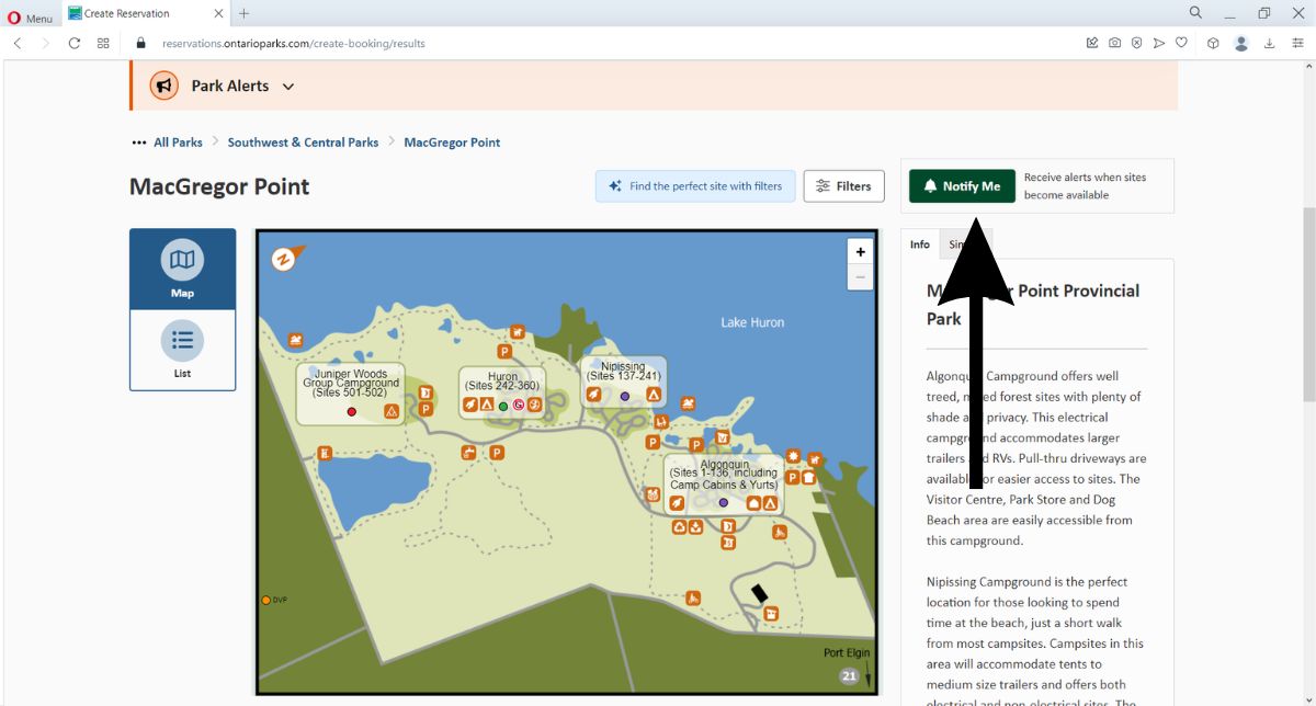 ontario parks reservations map screenshot | Beginner's Guide to Using Ontario Parks Availability Notifications