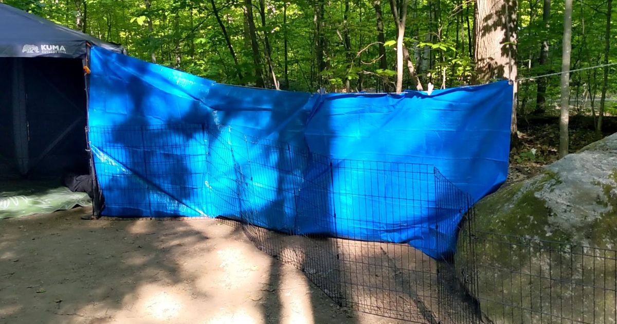 tarp wall at a campsite | 12 Tips for Camping with a Reactive Dog