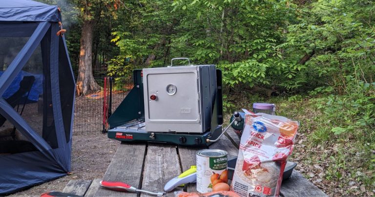 camp oven on picnic table with food | Coleman Camp Oven Review + Dog Treat Recipe