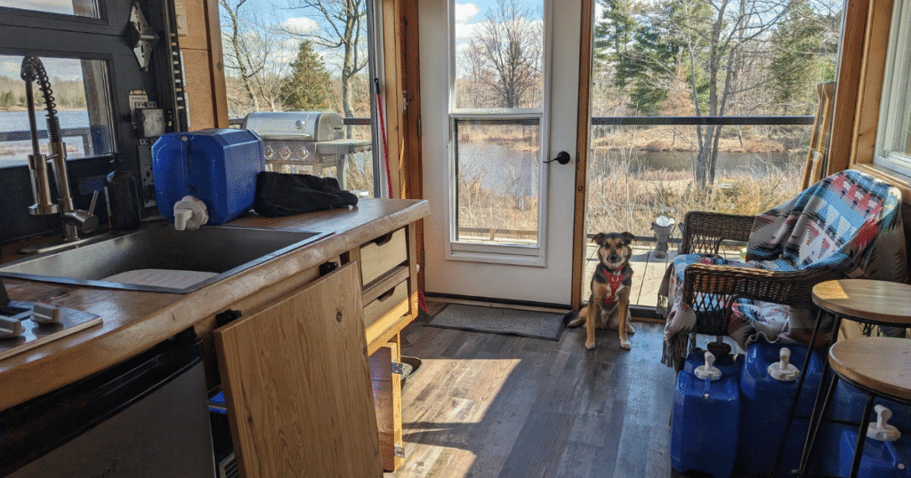 dog sitting by the door of a wood cabin | Pet-Friendly Cabins & Lodges for Off-Season Getaways in Ontario