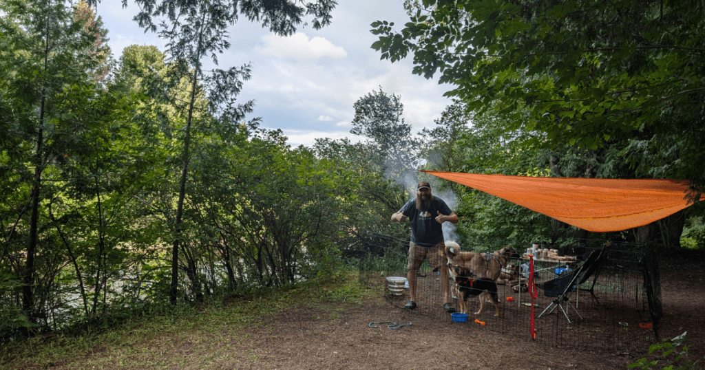 a man standing beside a river on a campsite giving the thumbs up with two dogs beside him | How to Find Private, Pet-Friendly Campsites Using Hipcamp