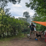 a man standing beside a river on a campsite giving the thumbs up with two dogs beside him | How to Find Private, Pet-Friendly Campsites Using Hipcamp